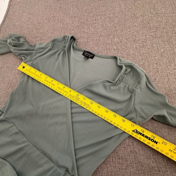 Topshop Ribbed Dress Bell Long Sleeves V-Neck Size 8 Nylon & Elastane‎ Green - Picture 8 of 14